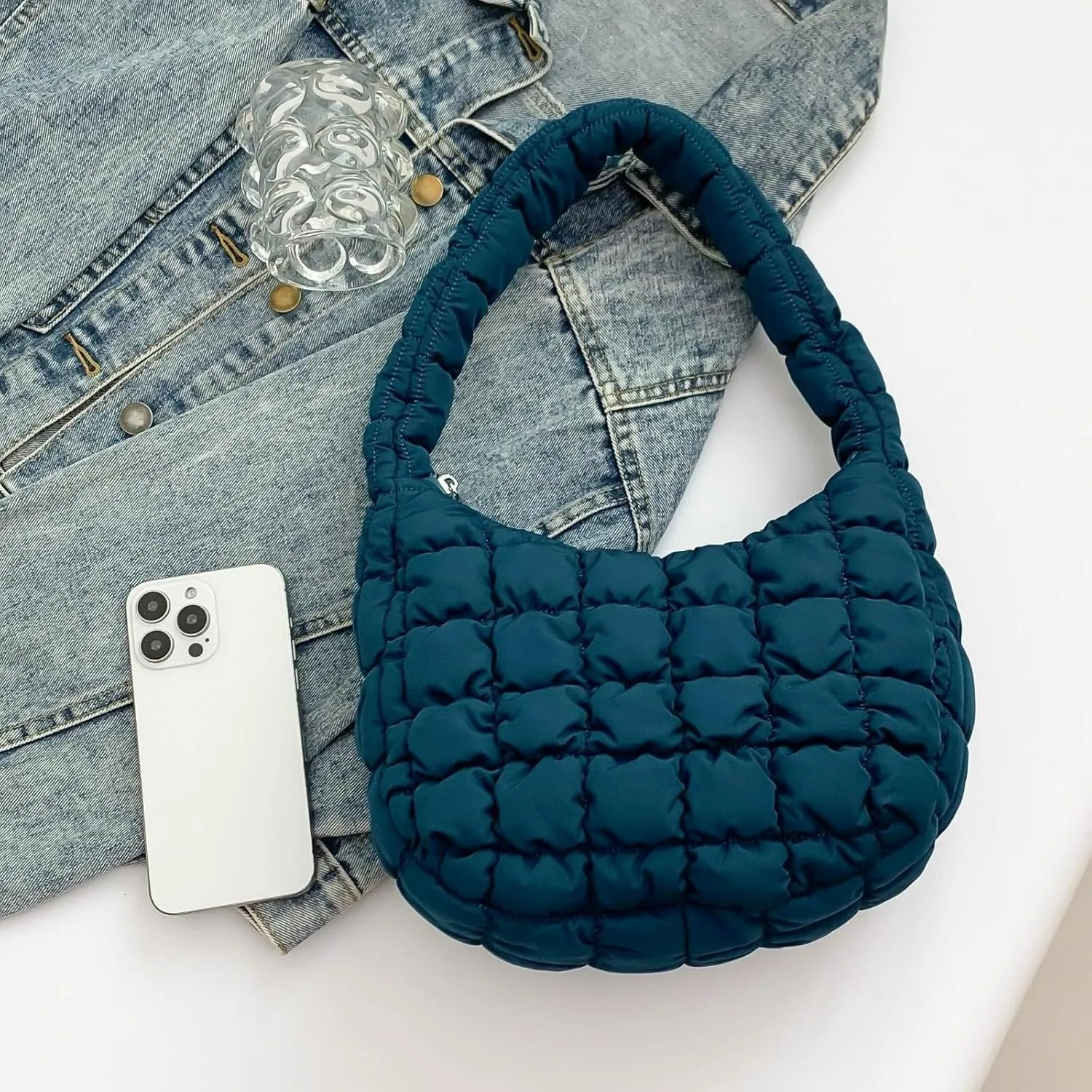 Puffer Quilted Shoulder Bag for Women Handbag Puffy Hobo Nylon Padded Tote Bag Soft Purse Lightweight