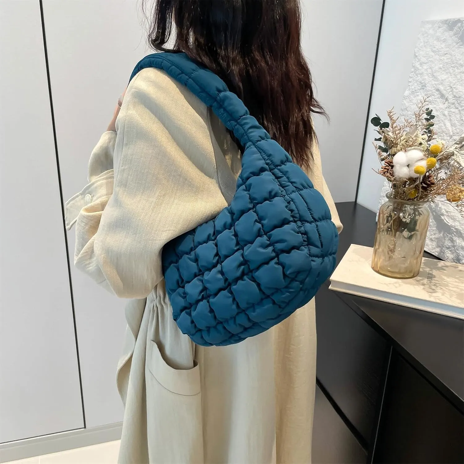 Puffer Quilted Shoulder Bag for Women Handbag Puffy Hobo Nylon Padded Tote Bag Soft Purse Lightweight