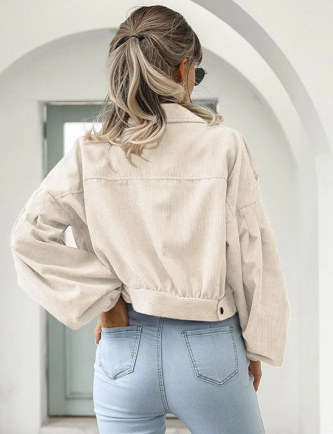 Qiaomai Womens Cropped Corduroy Jacket Loose Button Down Puff Sleeve Shacket Coat