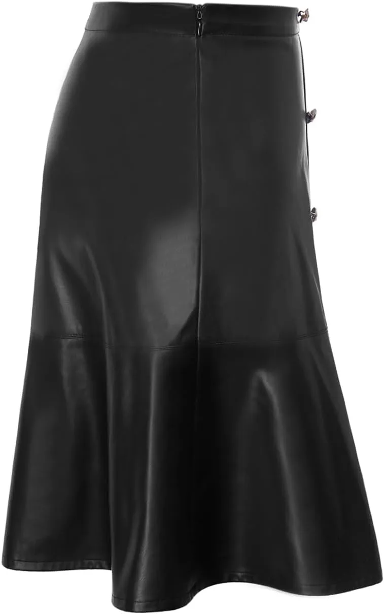 RAMISU Women's Faux Leather Fishtail Pencil Skirt Button Front Vintage Office Knee Length PU Skirt
