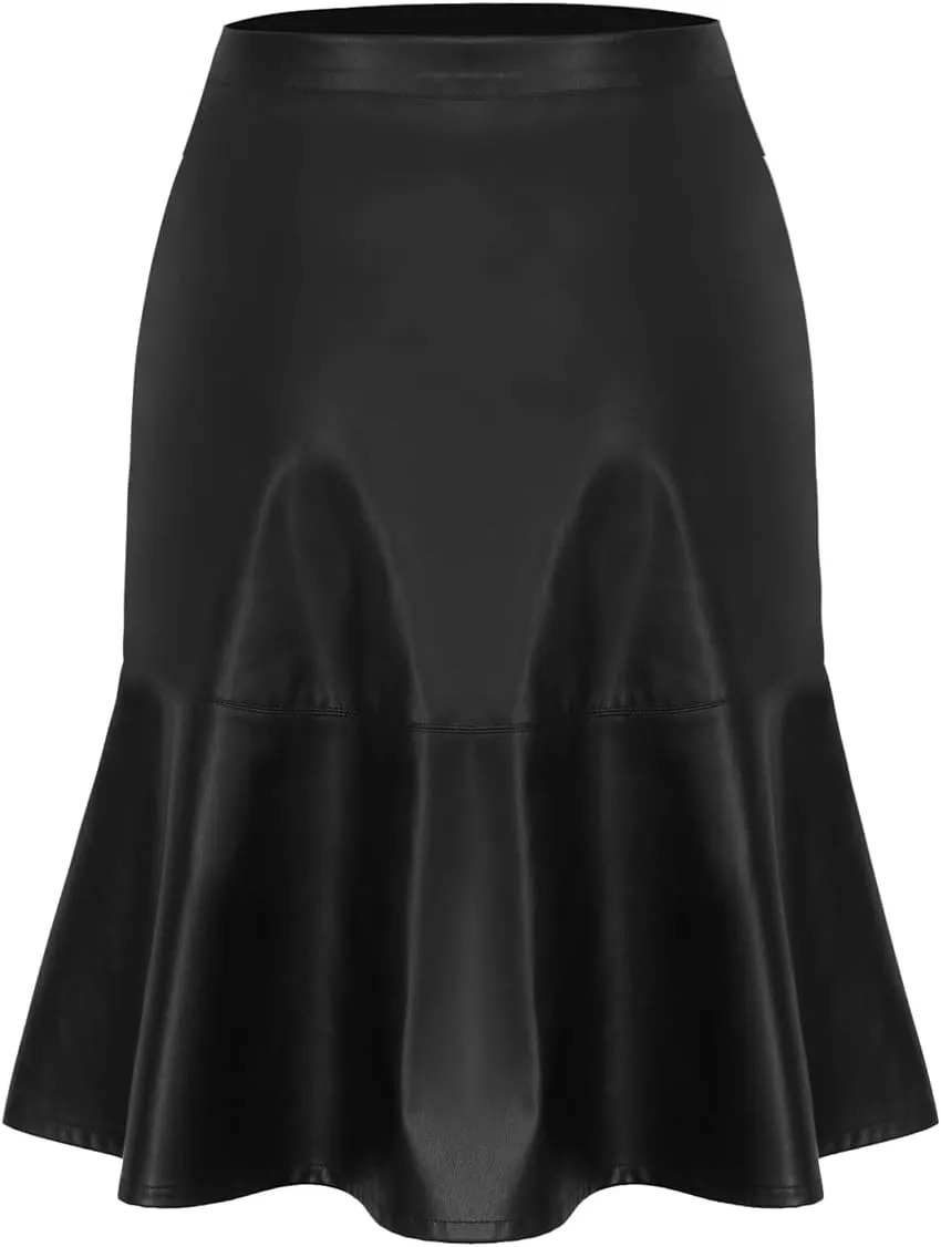 RAMISU Women's Faux Leather Fishtail Pencil Skirt Button Front Vintage Office Knee Length PU Skirt
