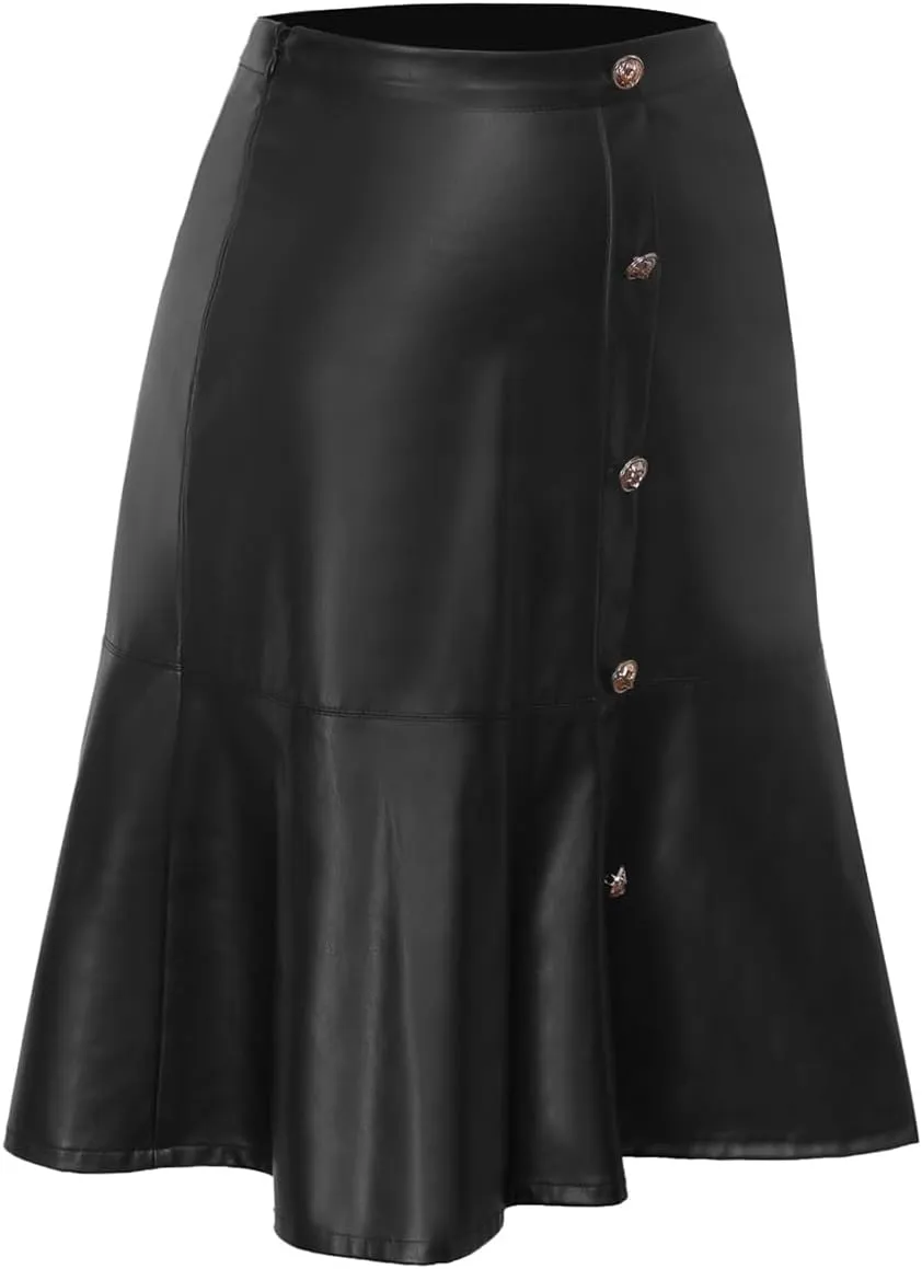 RAMISU Women's Faux Leather Fishtail Pencil Skirt Button Front Vintage Office Knee Length PU Skirt