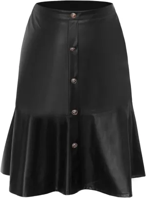 RAMISU Women's Faux Leather Fishtail Pencil Skirt Button Front Vintage Office Knee Length PU Skirt