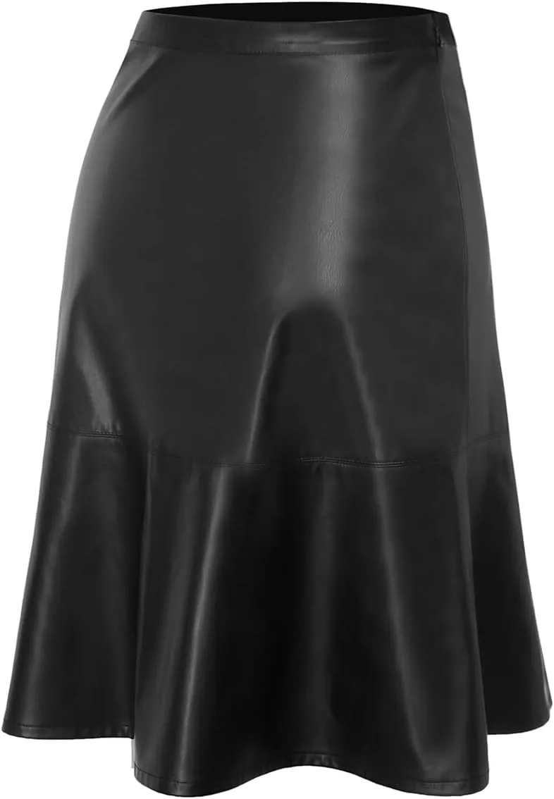 RAMISU Women's Faux Leather Fishtail Pencil Skirt Button Front Vintage Office Knee Length PU Skirt