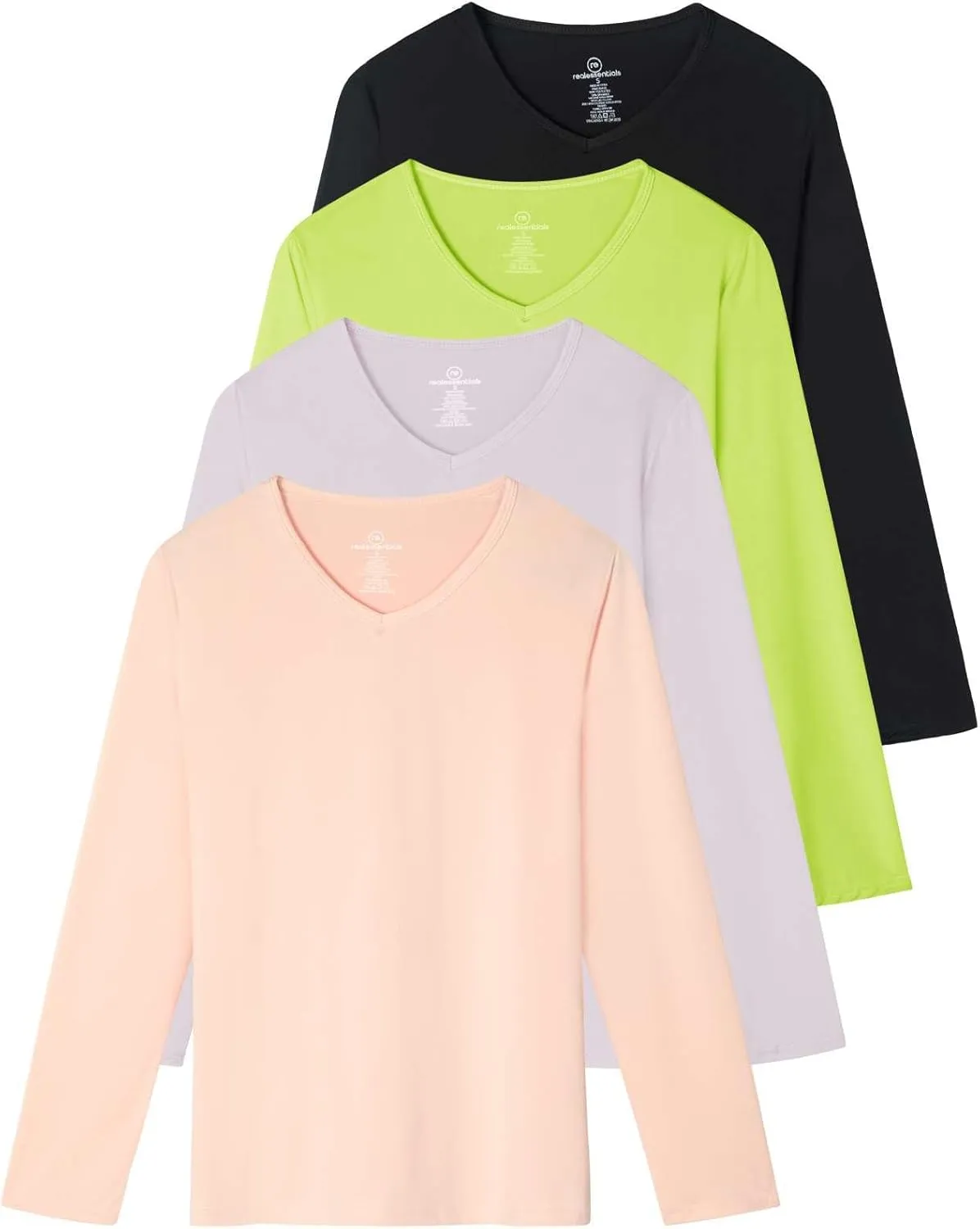 Real Essentials 4-Pack: Women's Dry-Fit Long-Sleeve V-Neck Athletic Workout Shirt (Available in Plus Size)