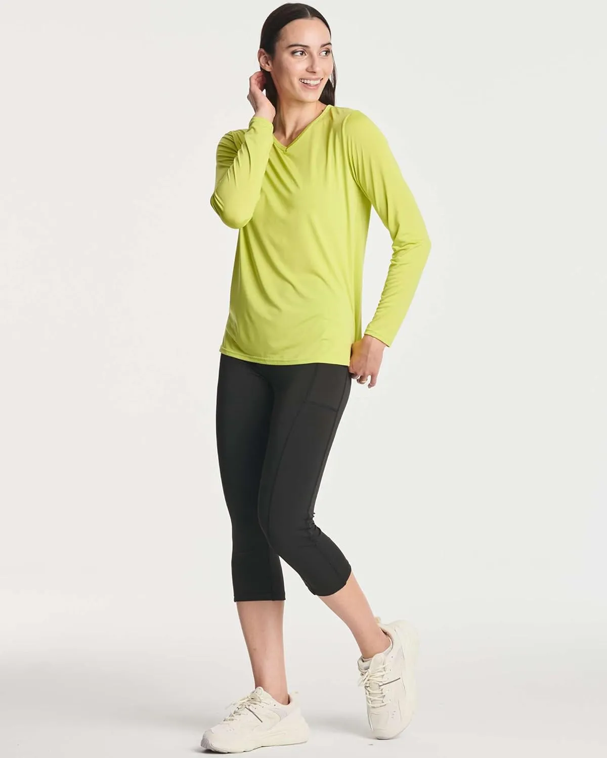Real Essentials 4-Pack: Women's Dry-Fit Long-Sleeve V-Neck Athletic Workout Shirt (Available in Plus Size)