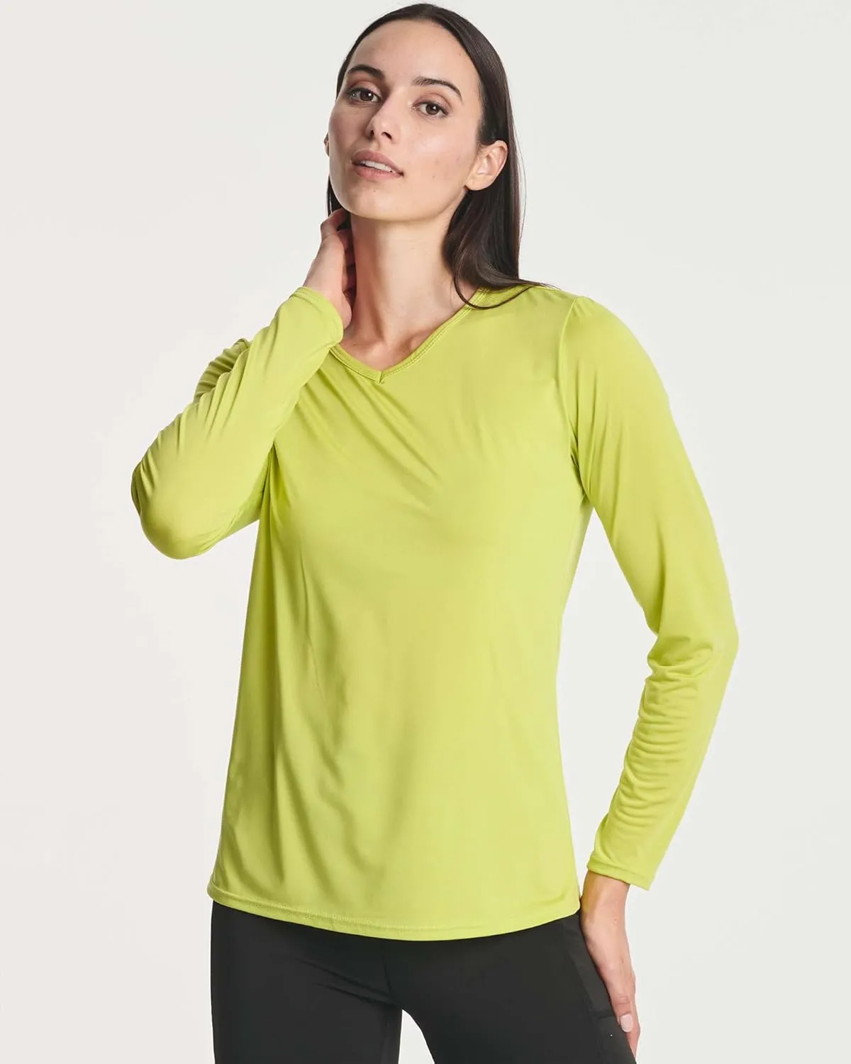 Real Essentials 4-Pack: Women's Dry-Fit Long-Sleeve V-Neck Athletic Workout Shirt (Available in Plus Size)