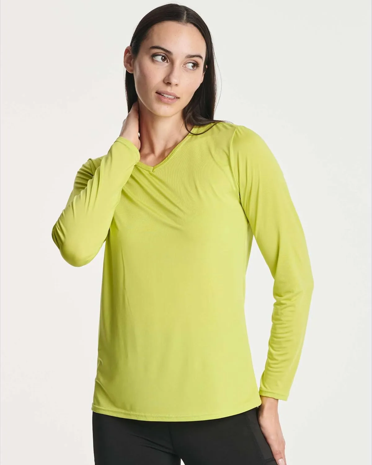 Real Essentials 4-Pack: Women's Dry-Fit Long-Sleeve V-Neck Athletic Workout Shirt (Available in Plus Size)