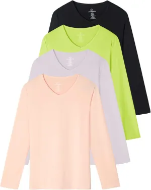 Real Essentials 4-Pack: Women's Dry-Fit Long-Sleeve V-Neck Athletic Workout Shirt (Available in Plus Size)