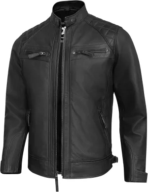 Real Lambskin Mens Leather Jackets - Quilted Biker Style Stand Collar Zip-Up Fashion Motorcycle Jacket Men
