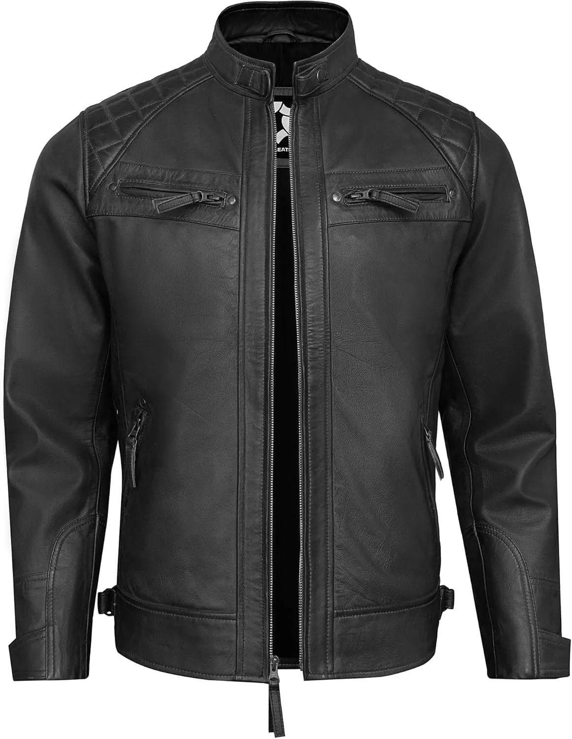 Real Lambskin Mens Leather Jackets - Quilted Biker Style Stand Collar Zip-Up Fashion Motorcycle Jacket Men