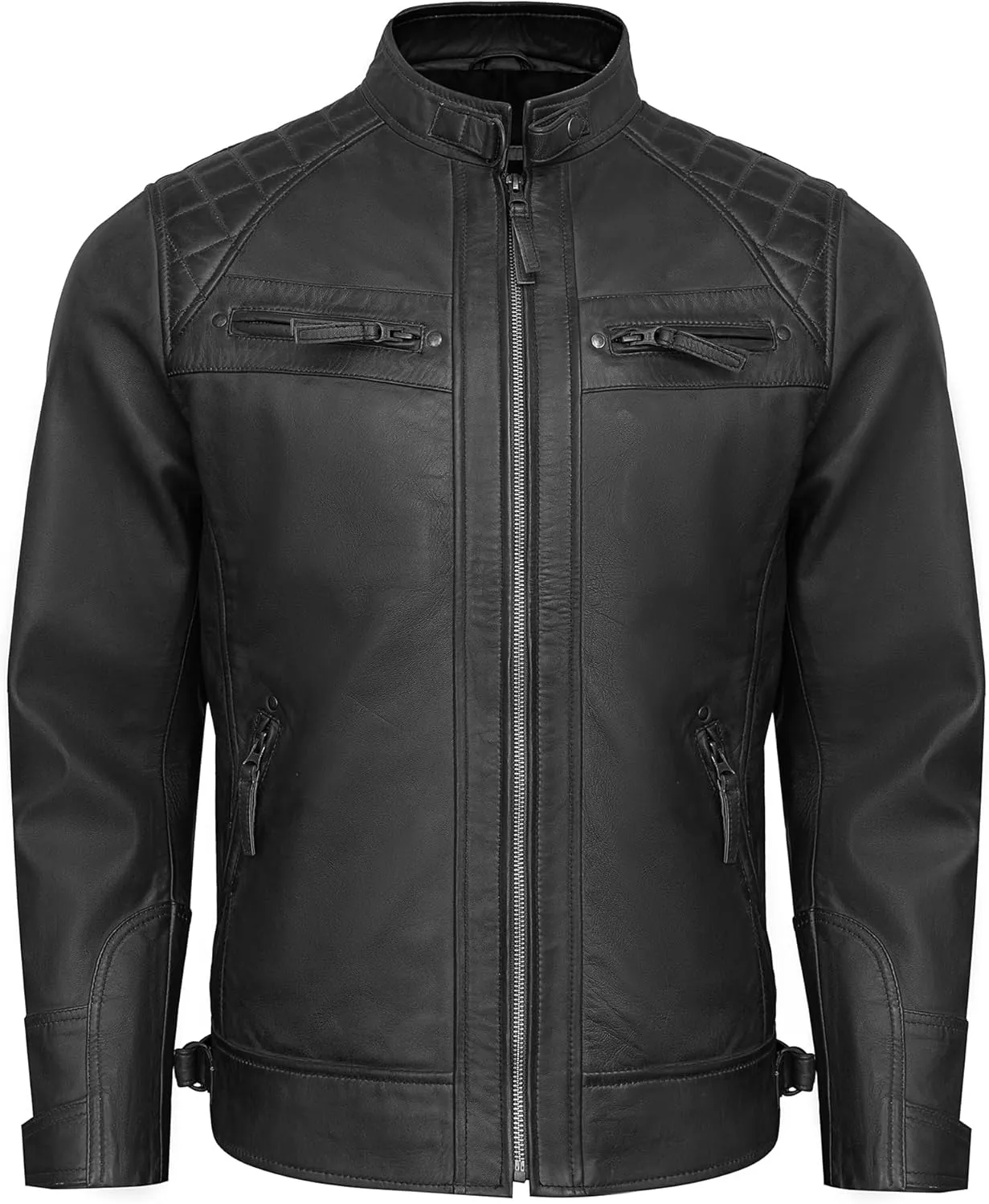 Real Lambskin Mens Leather Jackets - Quilted Biker Style Stand Collar Zip-Up Fashion Motorcycle Jacket Men