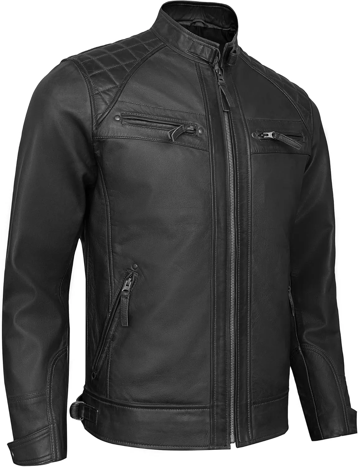 Real Lambskin Mens Leather Jackets - Quilted Biker Style Stand Collar Zip-Up Fashion Motorcycle Jacket Men