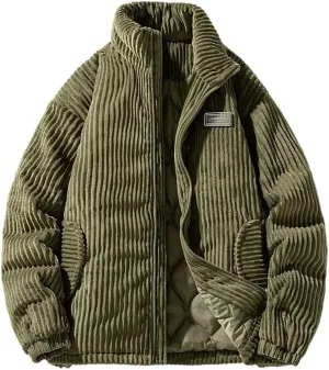 REHJJDFD Men's Winter Corduroy Parka Jacket Cotton Padded Parkas Vintage Stand Collar Windbreaker Coat