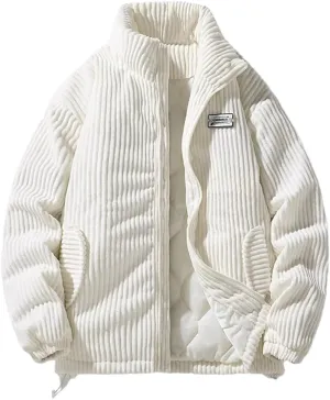 REHJJDFD Men's Winter Corduroy Parka Jacket Cotton Padded Parkas Vintage Stand Collar Windbreaker Coat