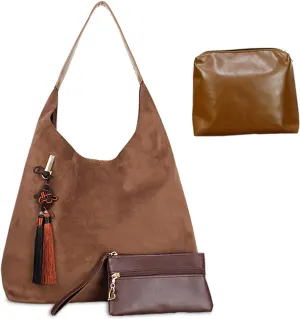 Retro Hobo Tote Bag for Women, Brown Suede Bag & Wallet Set, Durable Lightweight Designer Handbag for Commuter