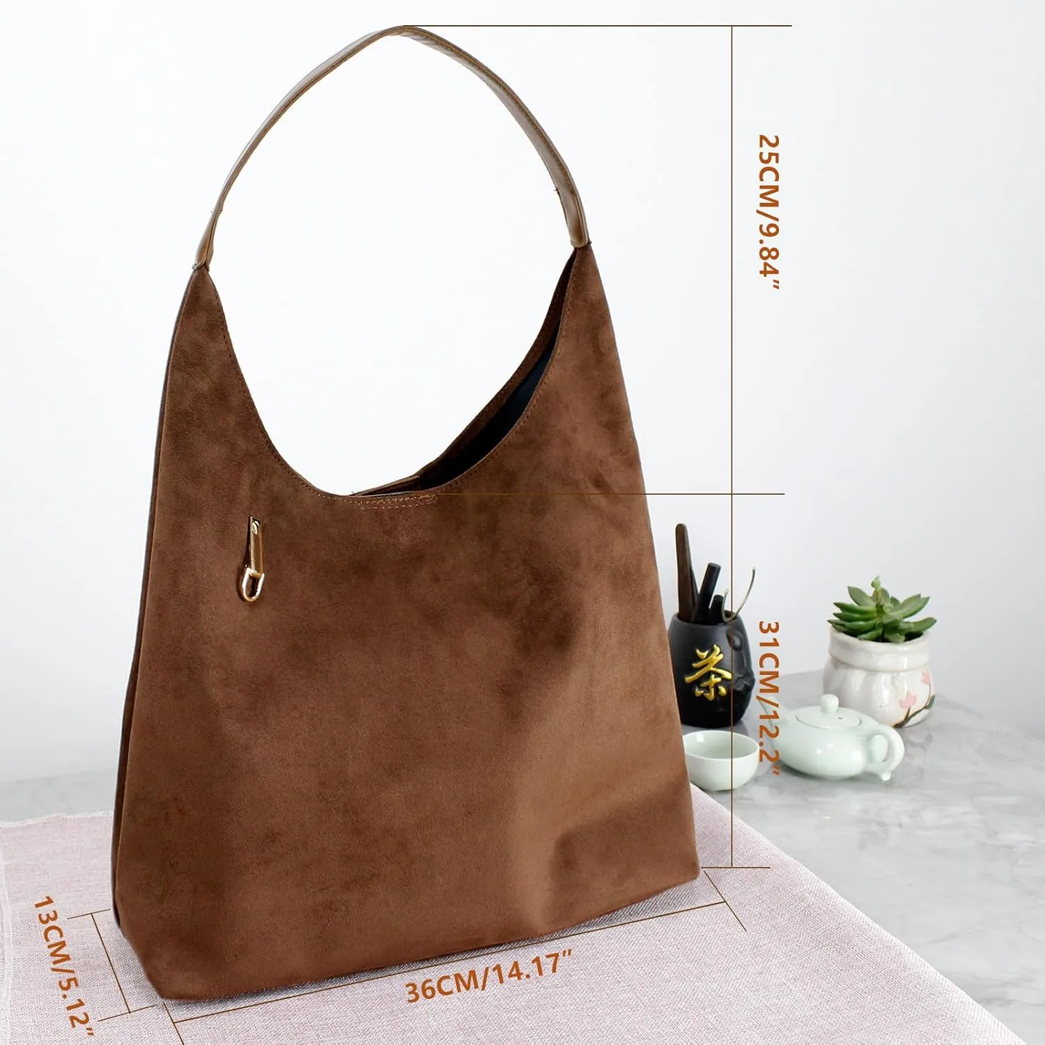 Retro Hobo Tote Bag for Women, Brown Suede Bag & Wallet Set, Durable Lightweight Designer Handbag for Commuter