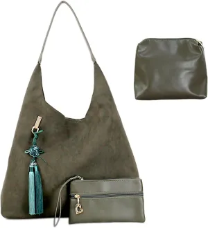 Retro Hobo Tote Bag for Women, Brown Suede Bag & Wallet Set, Durable Lightweight Designer Handbag for Commuter