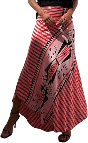 Retro Patchwork Print Skirt Women Summer High Waist A-Line Elastic Long Skirts Casual Holiday