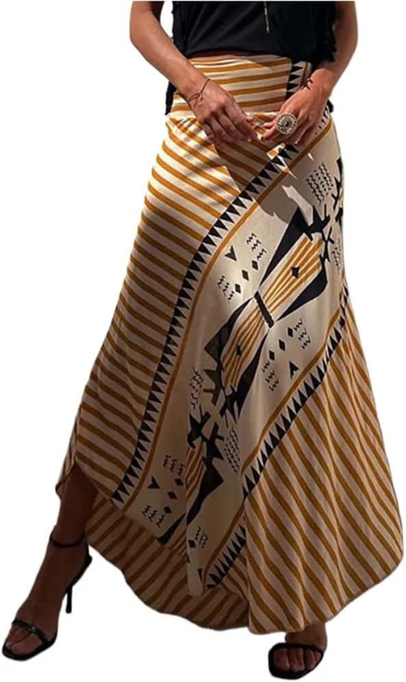 Retro Patchwork Print Skirt Women Summer High Waist A-Line Elastic Long Skirts Casual Holiday