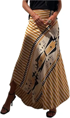 Retro Patchwork Print Skirt Women Summer High Waist A-Line Elastic Long Skirts Casual Holiday