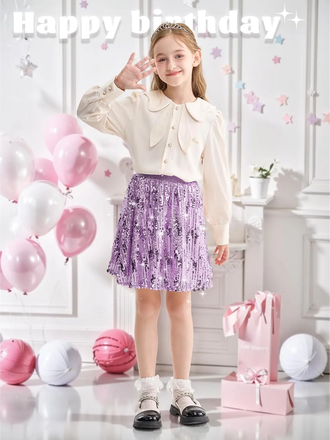 Rolanko Girls Sequin Skirt Elastic Waist Glitter Sparkly Skort with Lining Twirling Shiny Skirts for Kids Dance Party 5-12Y