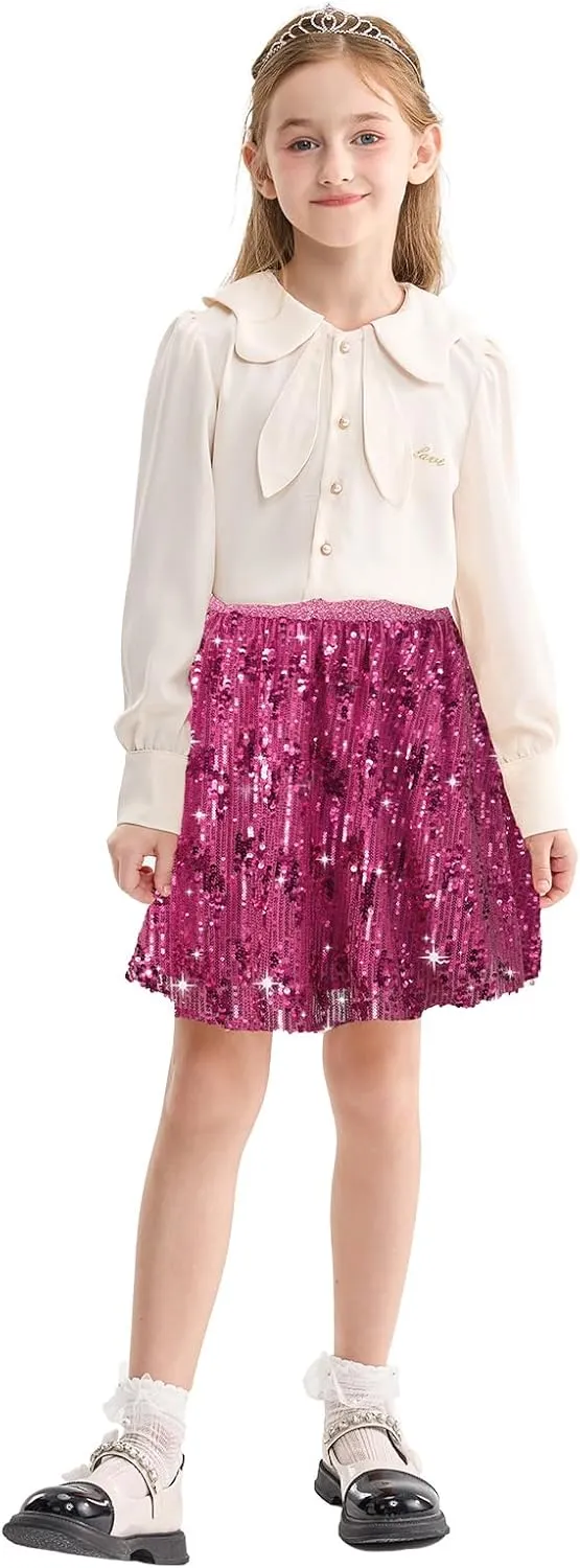 Rolanko Girls Sequin Skirt Elastic Waist Glitter Sparkly Skort with Lining Twirling Shiny Skirts for Kids Dance Party 5-12Y
