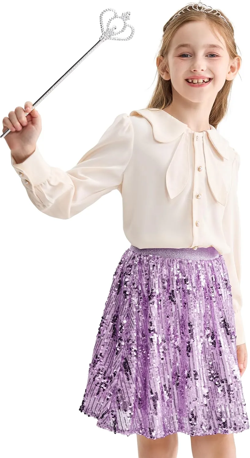 Rolanko Girls Sequin Skirt Elastic Waist Glitter Sparkly Skort with Lining Twirling Shiny Skirts for Kids Dance Party 5-12Y