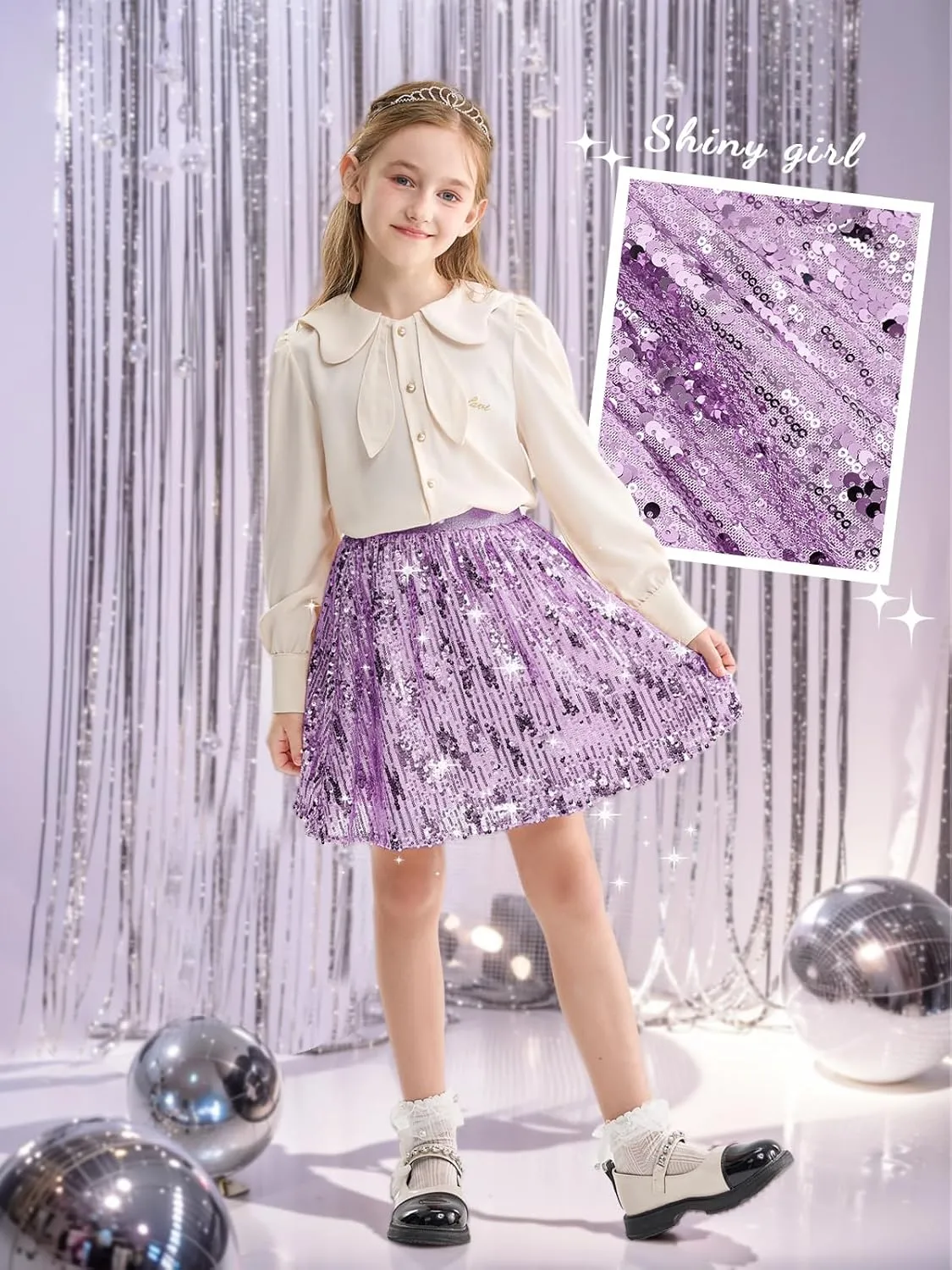 Rolanko Girls Sequin Skirt Elastic Waist Glitter Sparkly Skort with Lining Twirling Shiny Skirts for Kids Dance Party 5-12Y