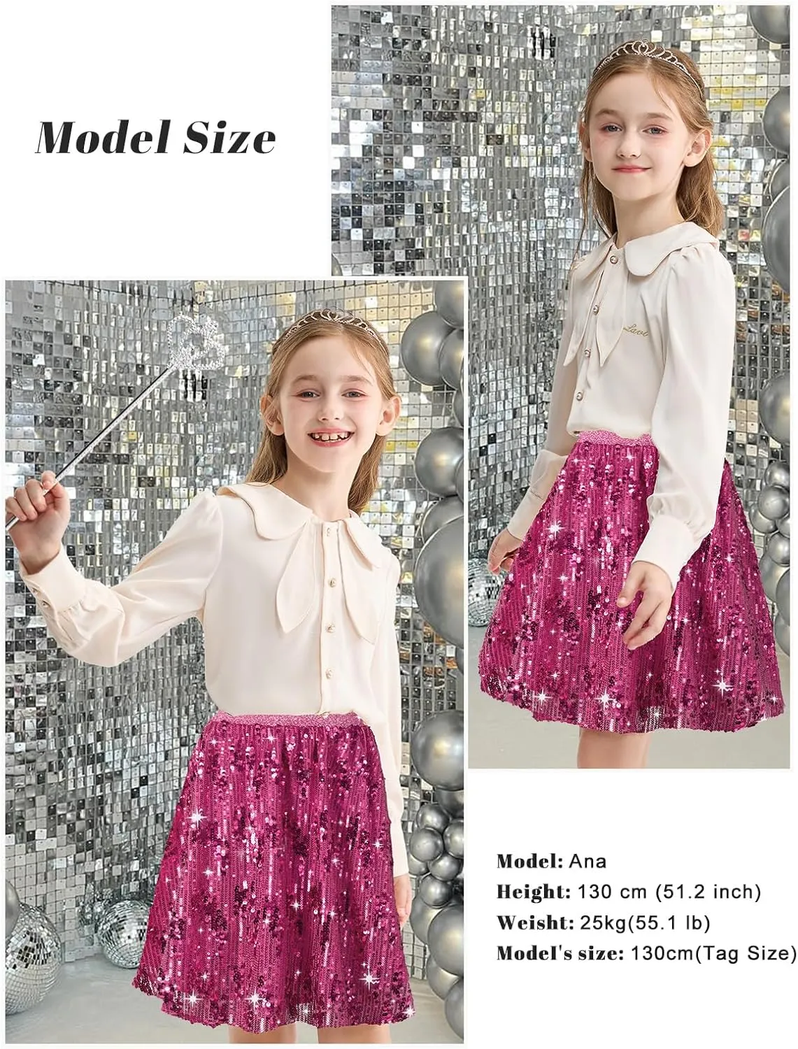 Rolanko Girls Sequin Skirt Elastic Waist Glitter Sparkly Skort with Lining Twirling Shiny Skirts for Kids Dance Party 5-12Y
