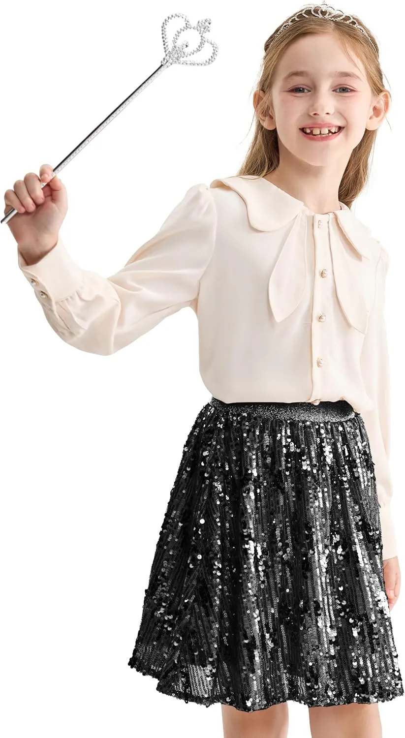 Rolanko Girls Sequin Skirt Elastic Waist Glitter Sparkly Skort with Lining Twirling Shiny Skirts for Kids Dance Party 5-12Y