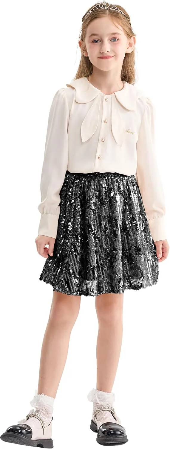 Rolanko Girls Sequin Skirt Elastic Waist Glitter Sparkly Skort with Lining Twirling Shiny Skirts for Kids Dance Party 5-12Y