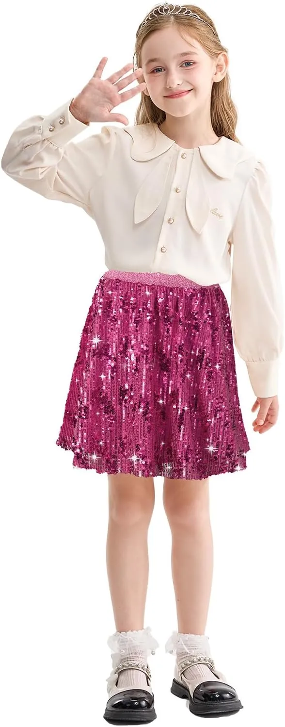 Rolanko Girls Sequin Skirt Elastic Waist Glitter Sparkly Skort with Lining Twirling Shiny Skirts for Kids Dance Party 5-12Y