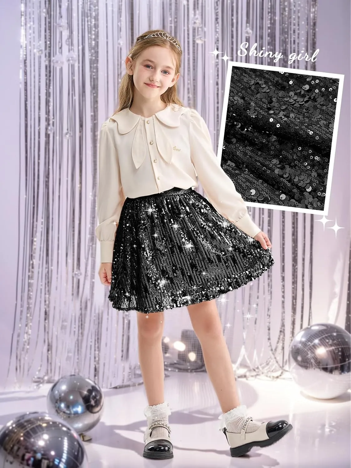 Rolanko Girls Sequin Skirt Elastic Waist Glitter Sparkly Skort with Lining Twirling Shiny Skirts for Kids Dance Party 5-12Y