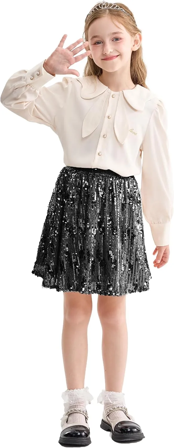 Rolanko Girls Sequin Skirt Elastic Waist Glitter Sparkly Skort with Lining Twirling Shiny Skirts for Kids Dance Party 5-12Y