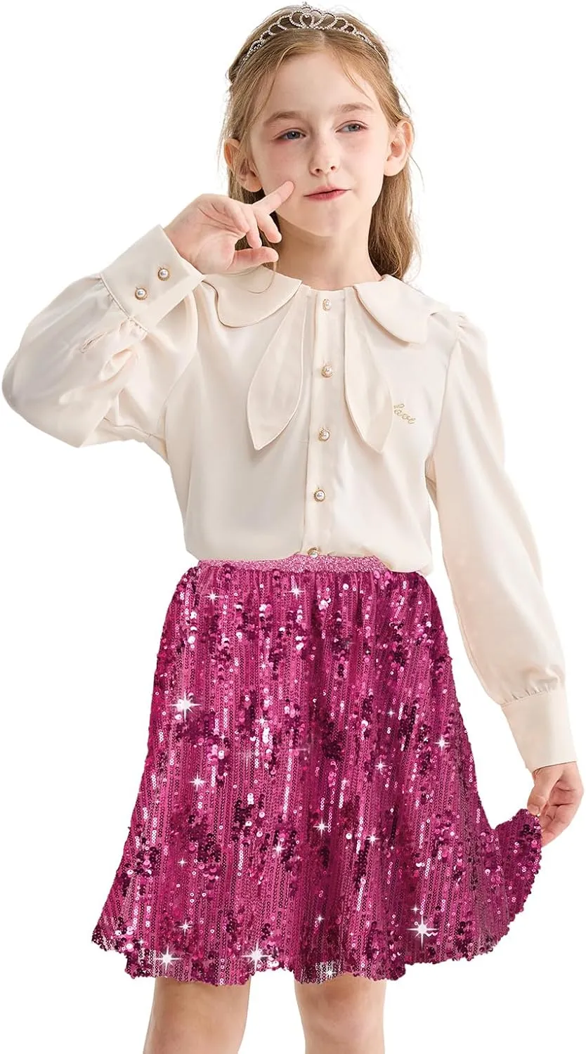 Rolanko Girls Sequin Skirt Elastic Waist Glitter Sparkly Skort with Lining Twirling Shiny Skirts for Kids Dance Party 5-12Y