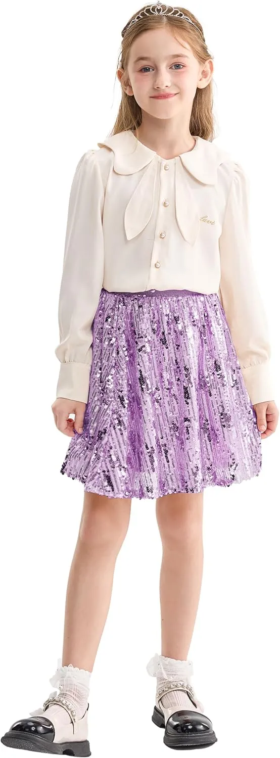 Rolanko Girls Sequin Skirt Elastic Waist Glitter Sparkly Skort with Lining Twirling Shiny Skirts for Kids Dance Party 5-12Y