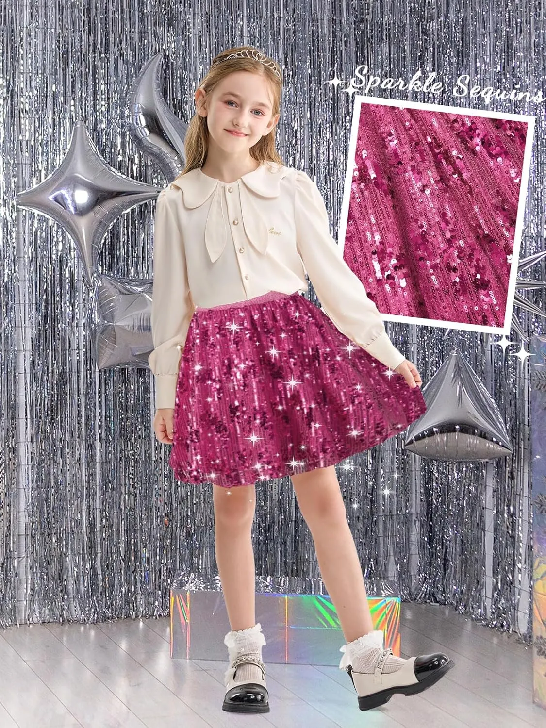 Rolanko Girls Sequin Skirt Elastic Waist Glitter Sparkly Skort with Lining Twirling Shiny Skirts for Kids Dance Party 5-12Y
