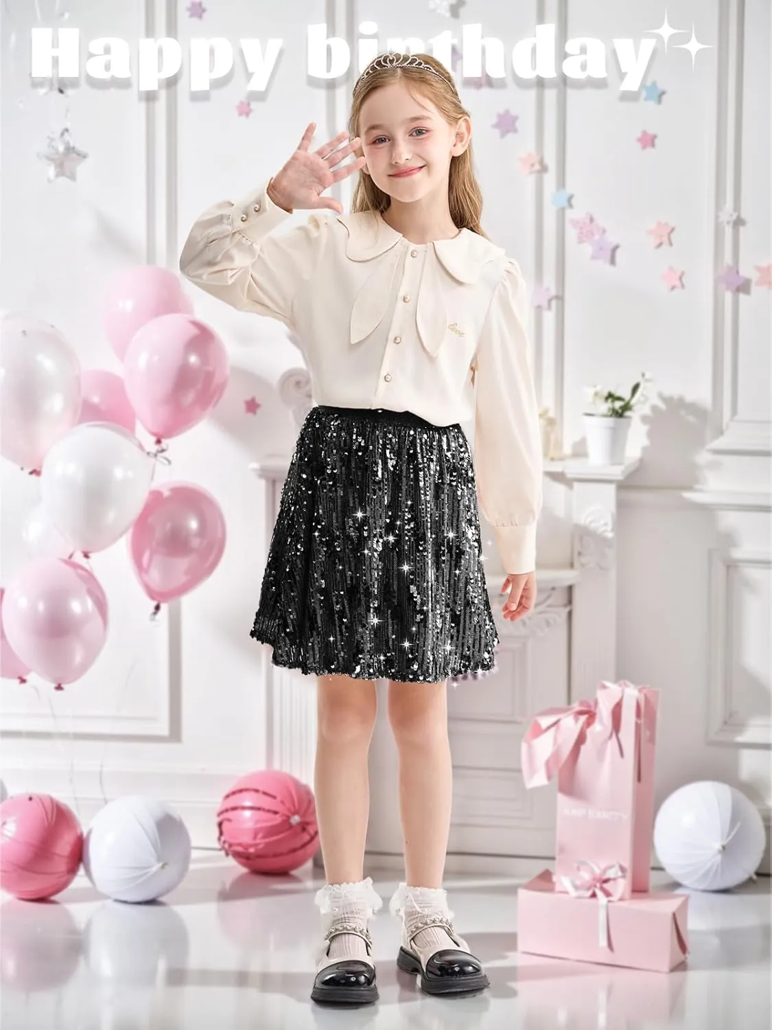 Rolanko Girls Sequin Skirt Elastic Waist Glitter Sparkly Skort with Lining Twirling Shiny Skirts for Kids Dance Party 5-12Y