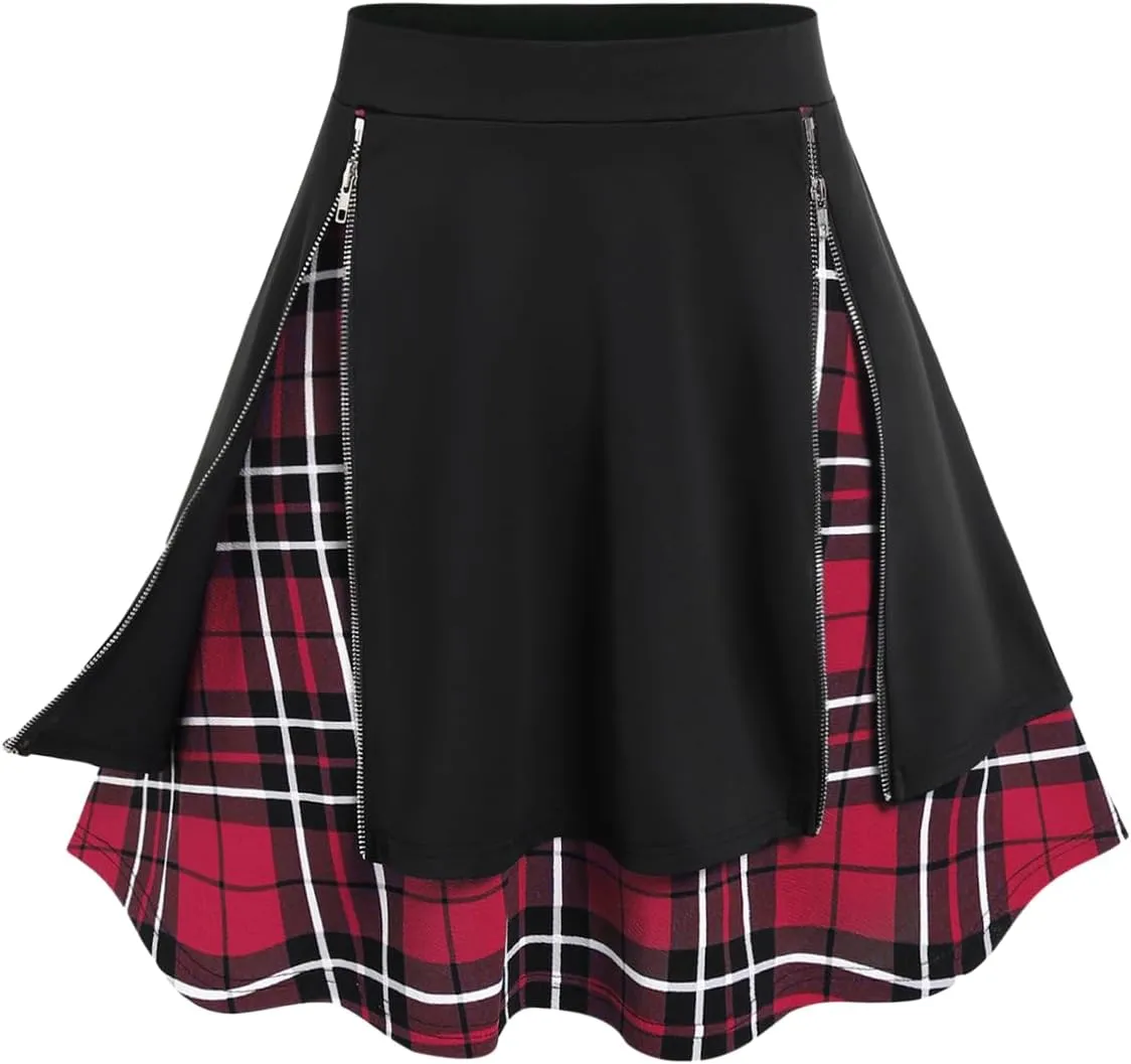 Rosegal Women's Plus Size Gothic Mini Skirt Plaid Zipper Mini A Line Skirt Blue