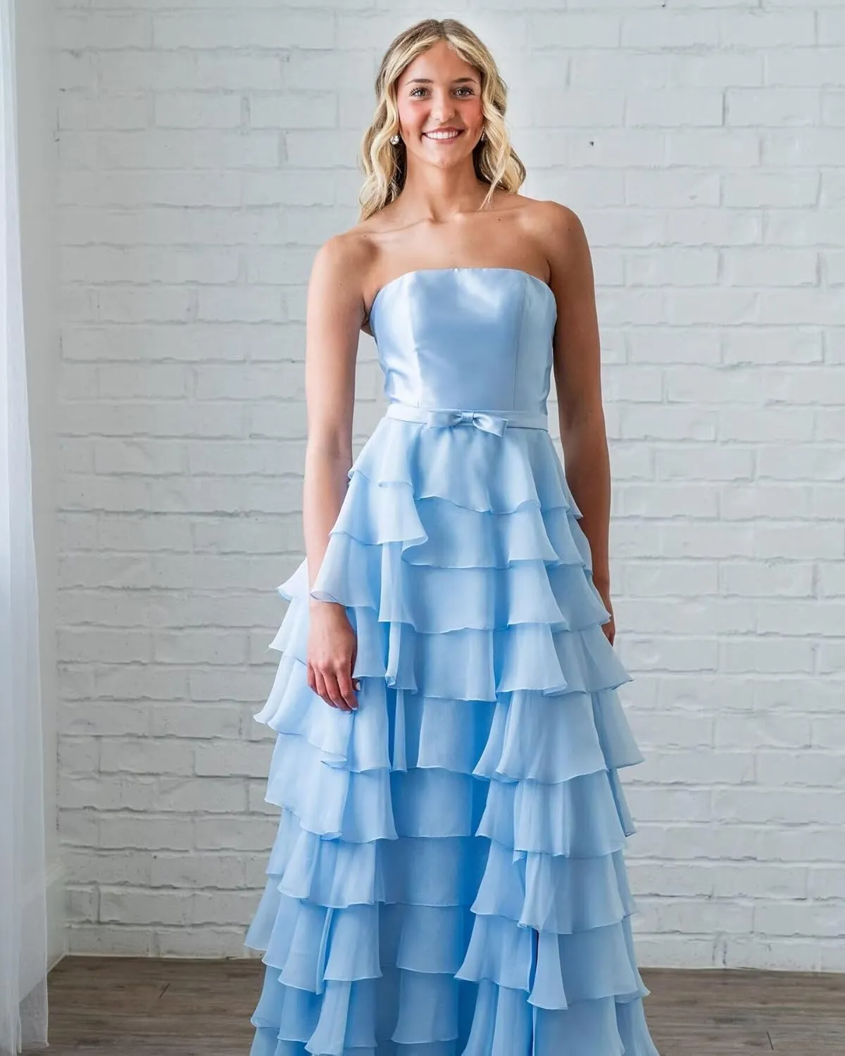 Ruffles Tiered Chiffon Prom Dresses Long Corset Strapless Formal Evening Gowns with Slit