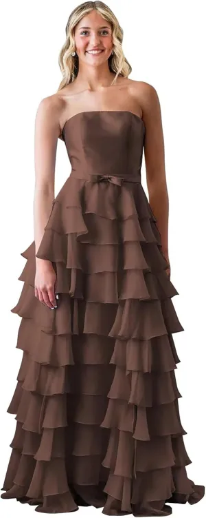 Ruffles Tiered Chiffon Prom Dresses Long Corset Strapless Formal Evening Gowns with Slit