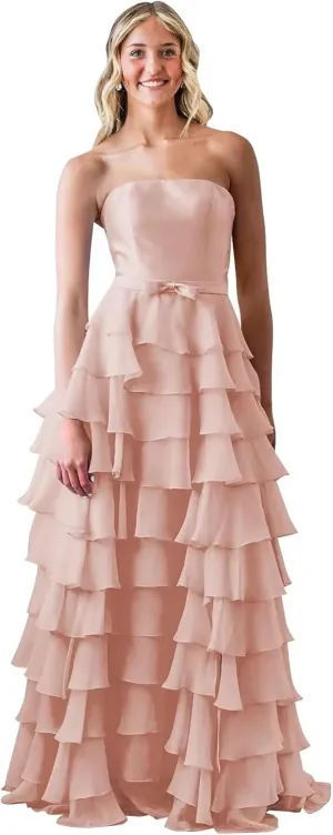 Ruffles Tiered Chiffon Prom Dresses Long Corset Strapless Formal Evening Gowns with Slit