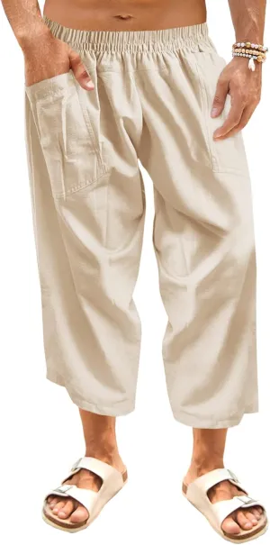 Runcati Mens Linen Capri Pants Elastic Waist Casual Lightweight Loose Fit Summer Beach Yoga Pants