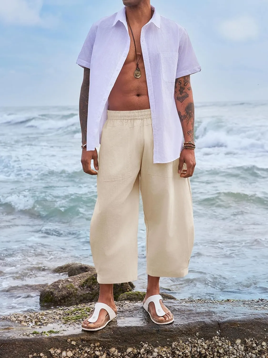 Runcati Mens Linen Capri Pants Elastic Waist Casual Lightweight Loose Fit Summer Beach Yoga Pants