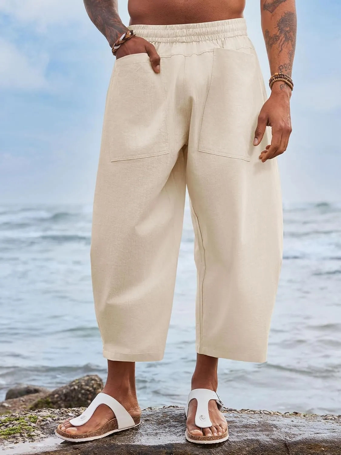 Runcati Mens Linen Capri Pants Elastic Waist Casual Lightweight Loose Fit Summer Beach Yoga Pants