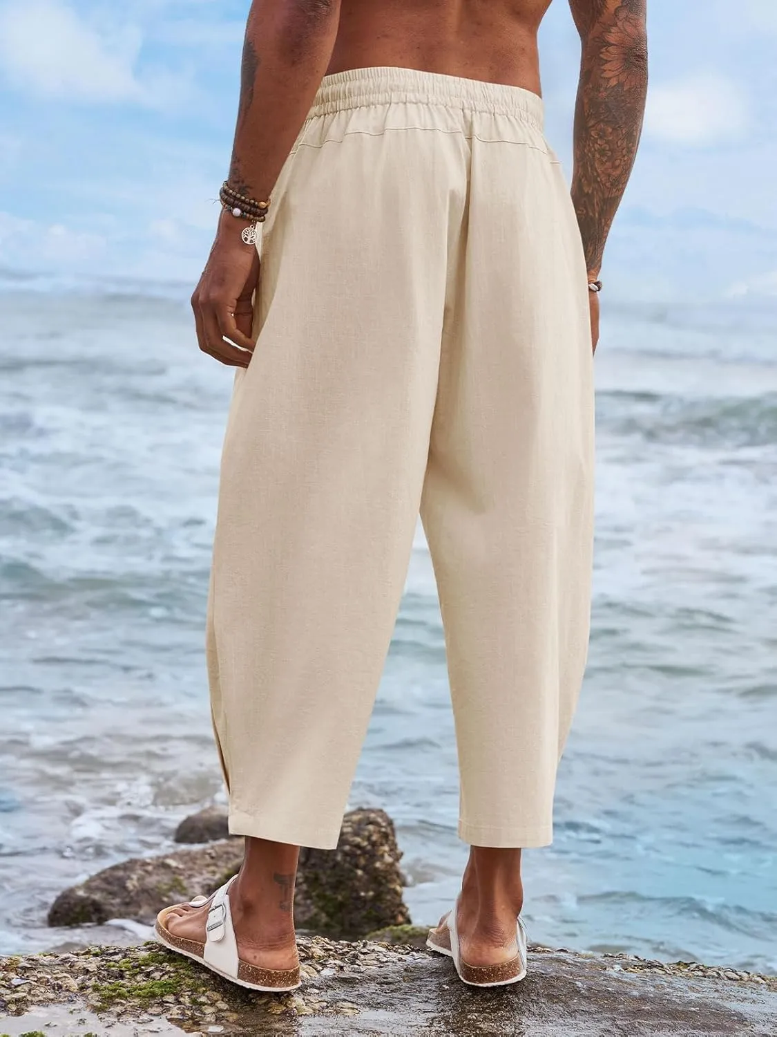 Runcati Mens Linen Capri Pants Elastic Waist Casual Lightweight Loose Fit Summer Beach Yoga Pants