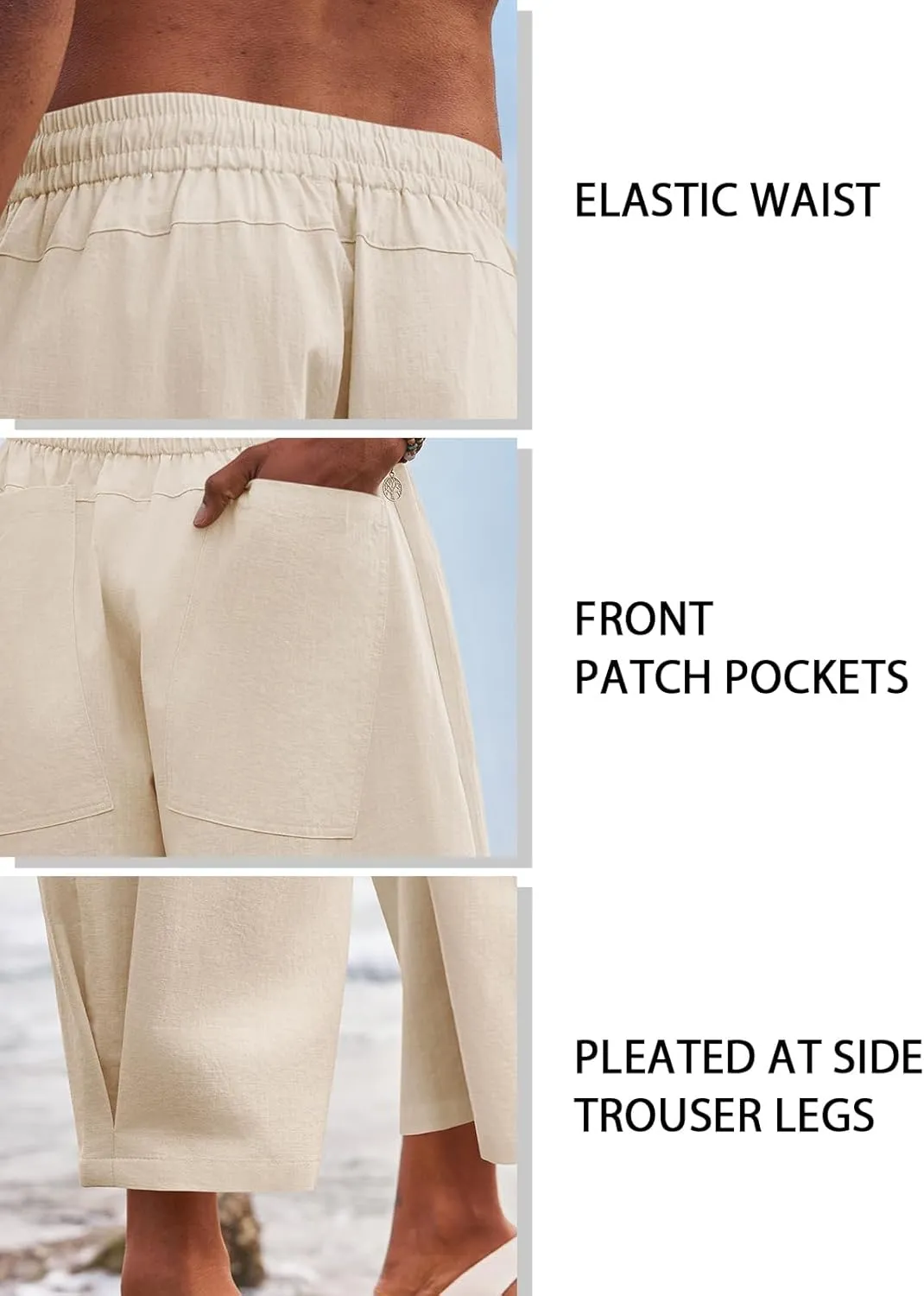 Runcati Mens Linen Capri Pants Elastic Waist Casual Lightweight Loose Fit Summer Beach Yoga Pants