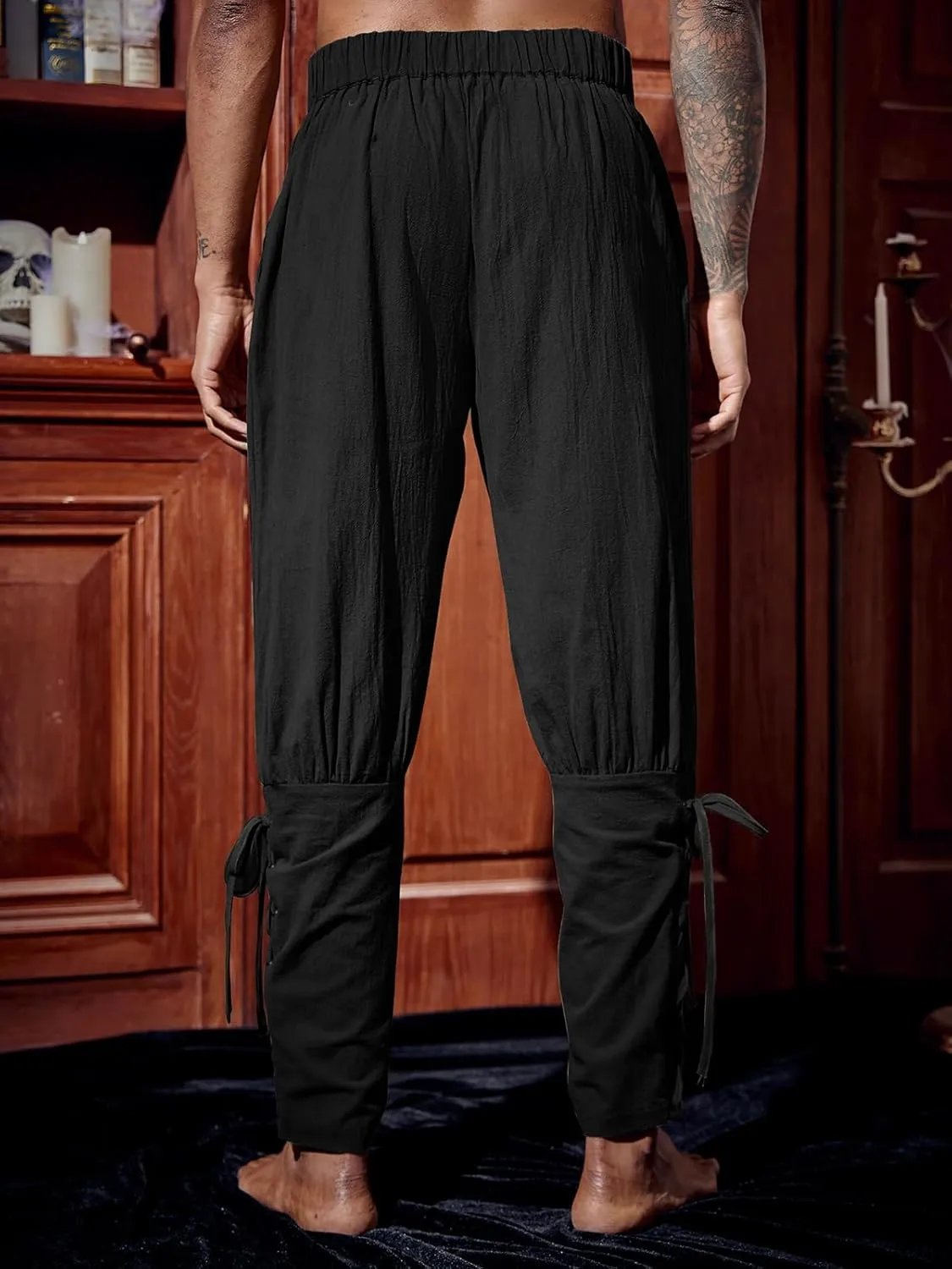 Runcati Mens Medieval Ankle Pants Renaissance Viking Pirate Lace Up Tapered Halloween Linen Costume Trousers