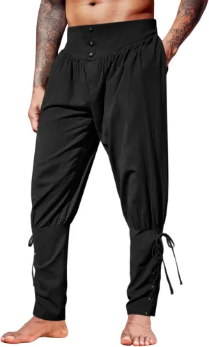 Runcati Mens Medieval Ankle Pants Renaissance Viking Pirate Lace Up Tapered Halloween Linen Costume Trousers